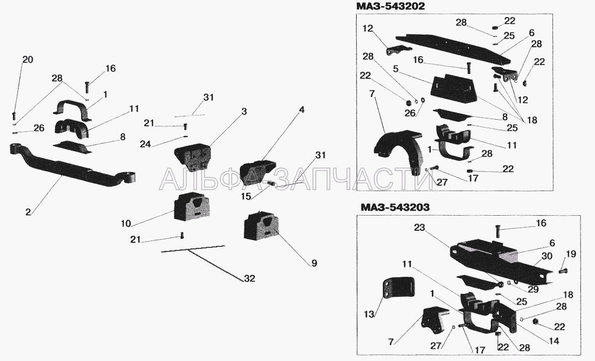 Крепление двигателя на автомобилях: МАЗ-543202, МАЗ-543203  