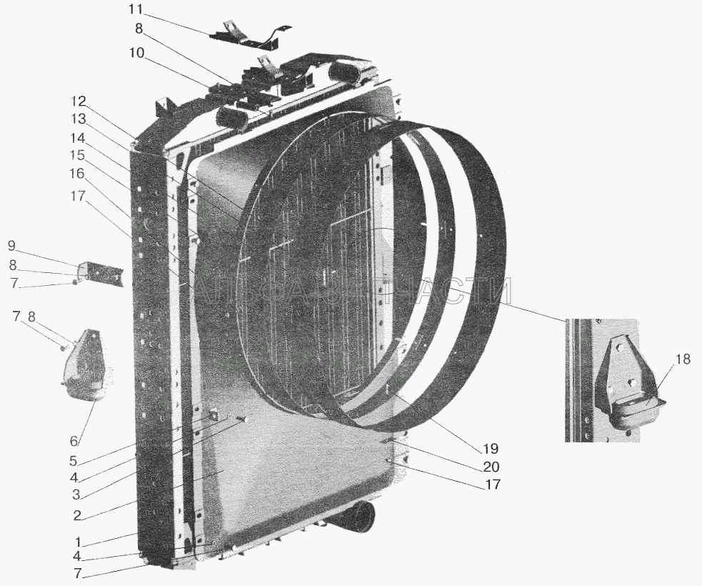 Радиатор с кожухом МАЗ-642208, 543208 (54401-1309011 Кожух вентилятора) 