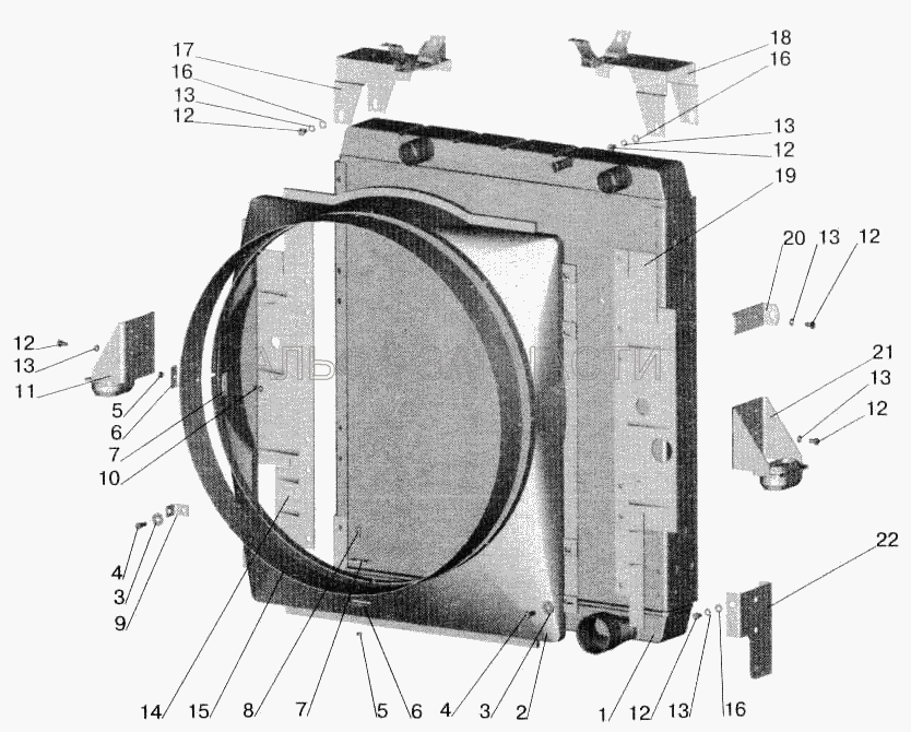 Радиатор с кожухом МАЗ-642205, 543205, 543203, 543202, 555102, 551605, 551603 (54321-1309016 Уплотнитель) 