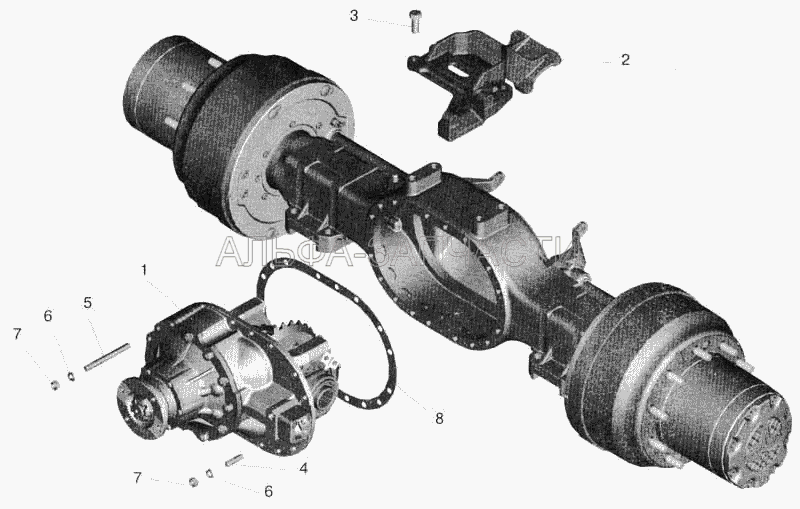 Мост задний МАЗ-543208. Установка редуктора и элементов подвески (54326-2402010-030 Редуктор (U=3.86)) 