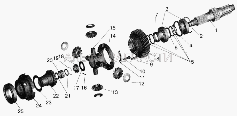 Редуктор среднего моста. Дифференциал межмостовой (6422-2502151 Шестерня ведущая) 