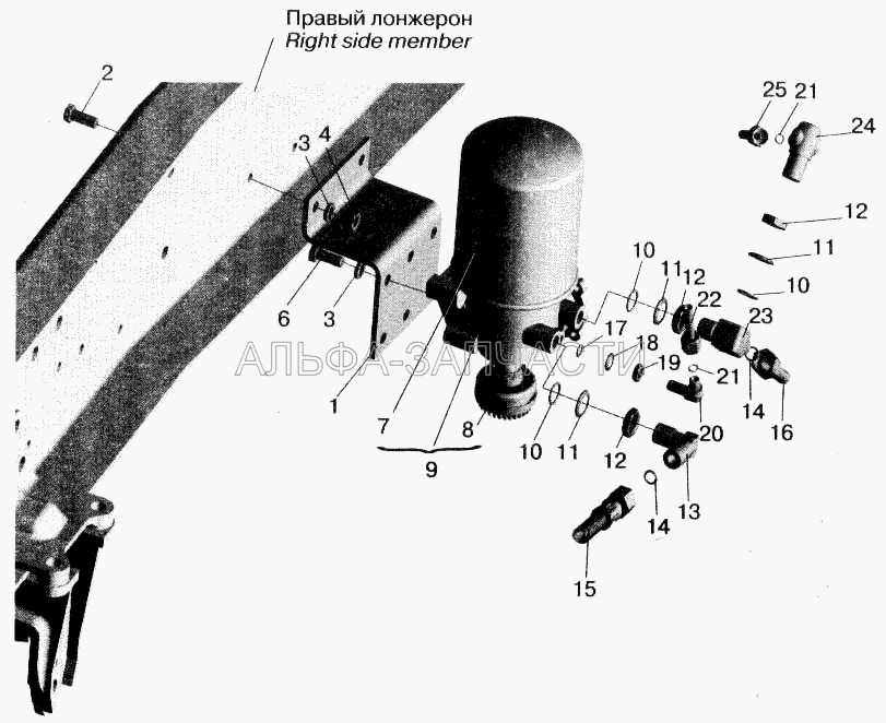 Установка осушителя воздуха и присоединительной арматуры МАЗ-555102 (371777 Болт М12х1,5-6gх30) 