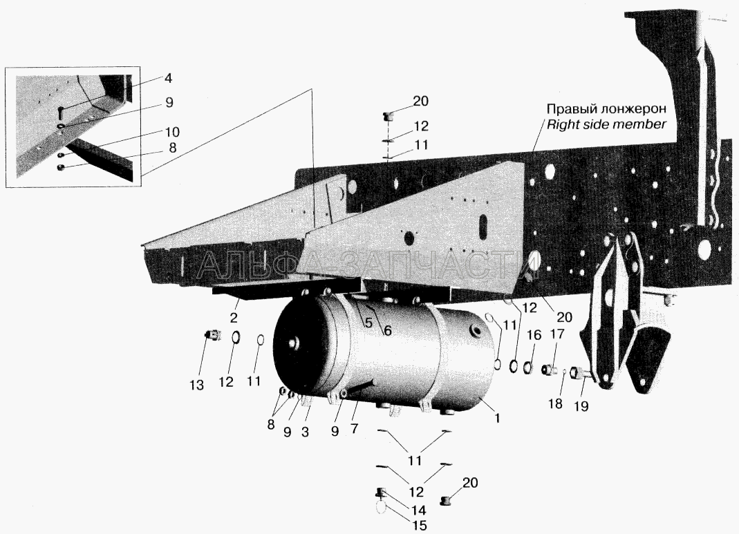 Установка ресивера и присоединительной арматуры МАЗ-543208, 543205, 543203, 543202 (54323-3506146-10 Трубка в сборе) 