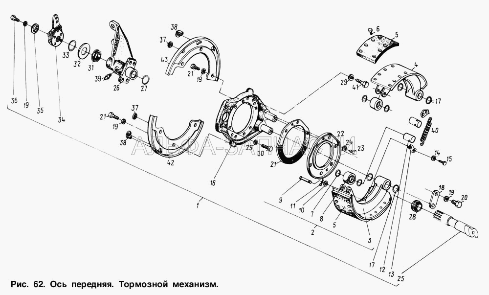 Ось передняя. Тормозной механизм (6422-3501105 Накладка тормозная) 