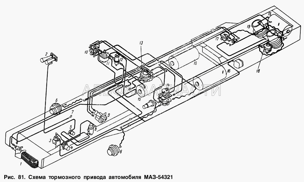 Схема тормозного привода автомобиля МАЗ-54321 (100-3514008 Кран с рычагом в сборе) 