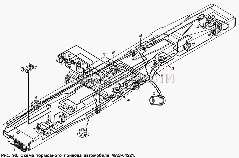 Схема тормозного привода автомобиля МАЗ-64221 (100-3518010 Клапан ускорительный) 