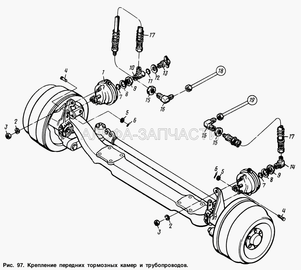 Крепление передних тормозных камер и трубопроводов  