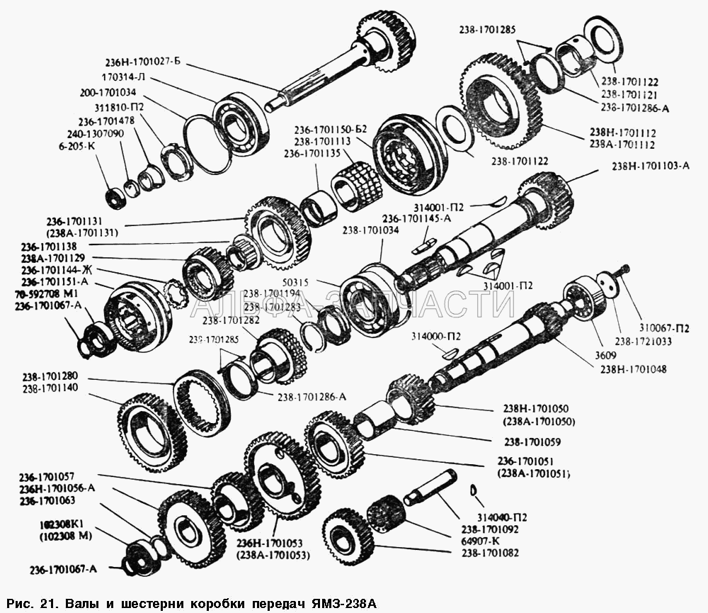 Валы и шестерни коробки передач ЯМЗ-238А (236-1701150-Б2 Синхронизатор 2-й и 3-й передач в сборе) 