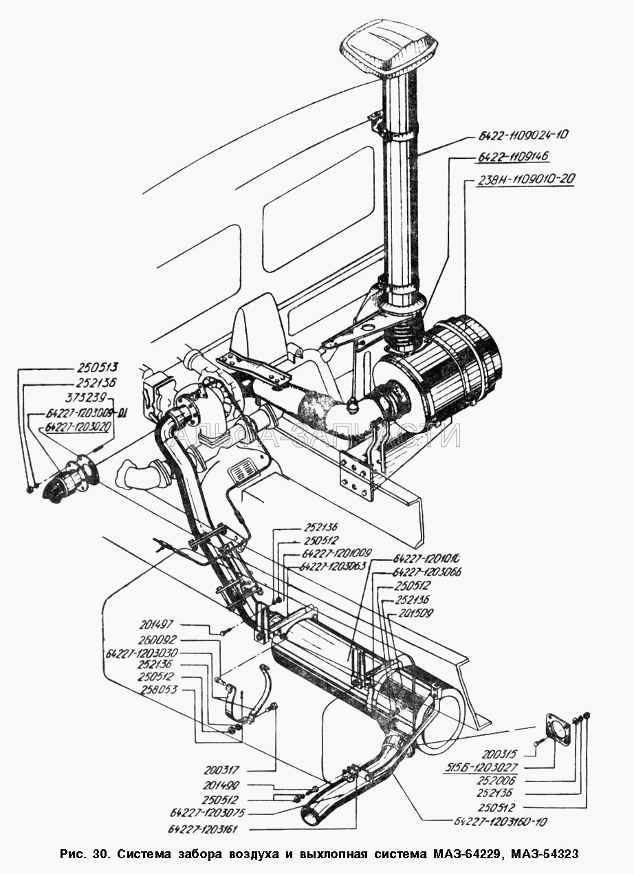 Система забора воздуха и выхлопная система МАЗ-64229, МАЗ-54323  