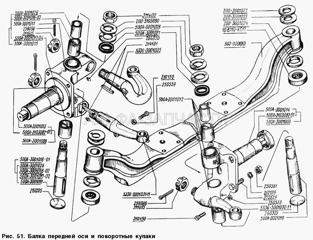 Балка передней оси и поворотные кулаки (500А-3001016-02 Втулка шкворня поворотного кулака) 