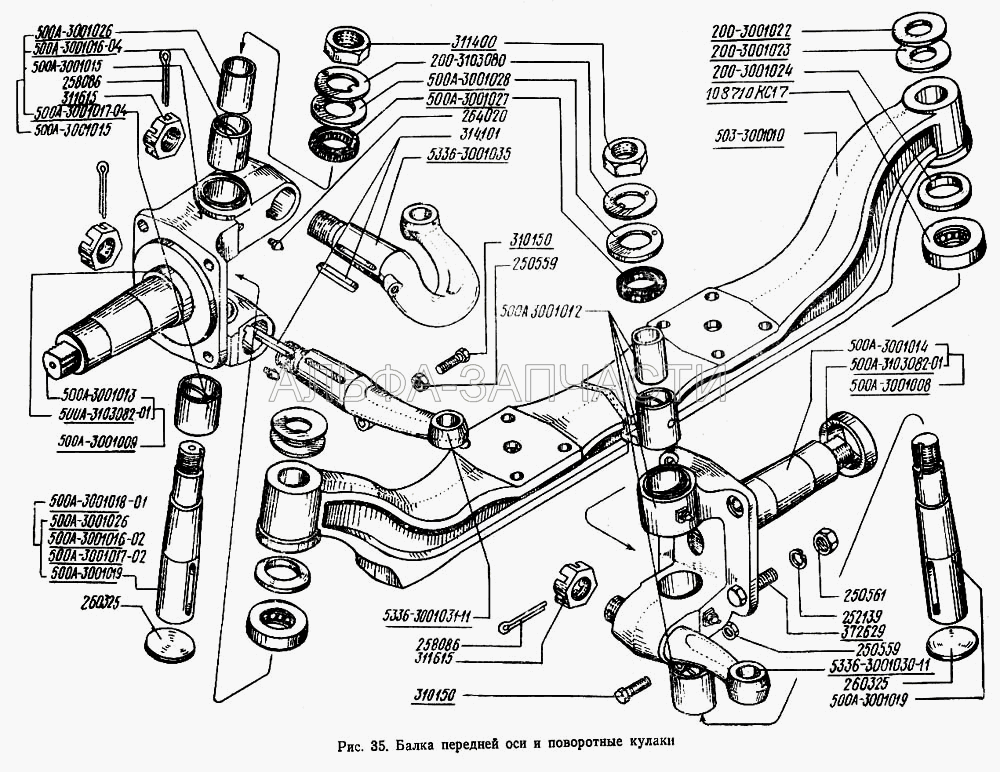 Балка передней оси и поворотные кулаки (500А-3001016-02 Втулка шкворня поворотного кулака) 