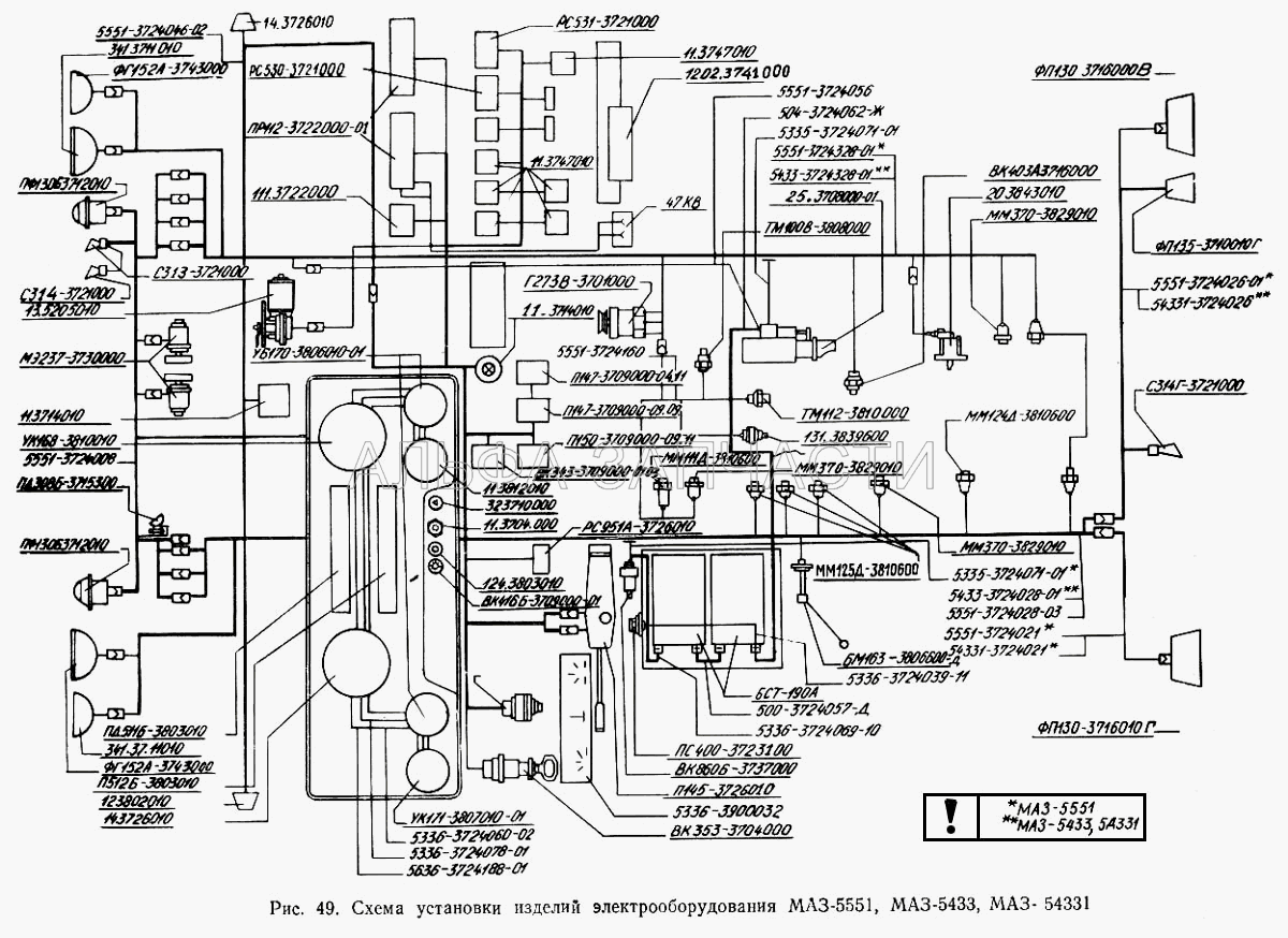 Схема установки изделий электрооборудования МАЗ-5551, МАЗ-5433, МАЗ-54331  