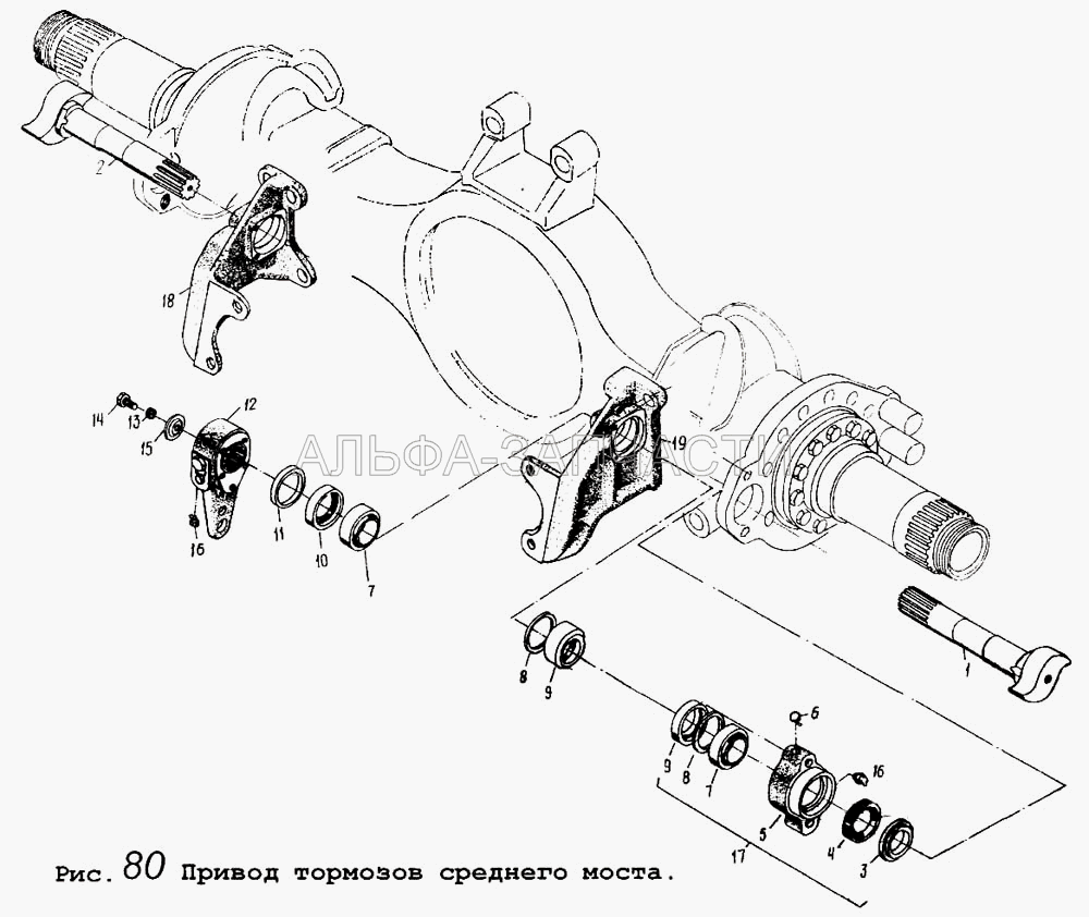 Привод тормозов среднего моста  