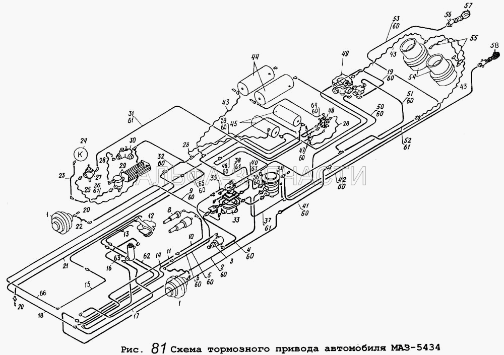 Схема тормозного привода автомобиля МАЗ-5434 (100-3519210-01 Камера тормозная передняя) 