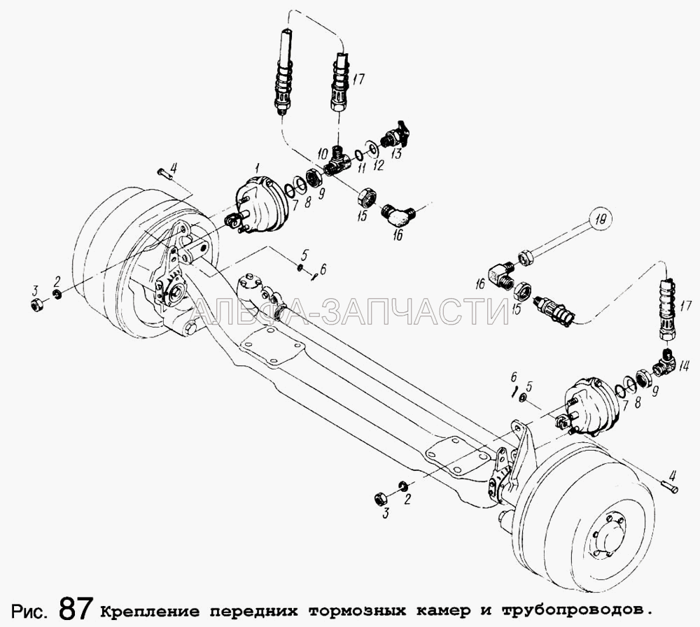 Крепление передних тормозных камер и трубопроводов (100-3519210-01 Камера тормозная передняя) 