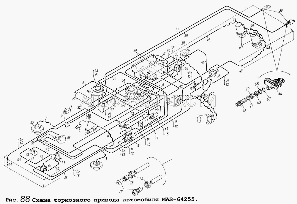 Схема тормозного привода автомобиля МАЗ-64255 (504В-3506197-И Трубка со шлангом в сборе) 