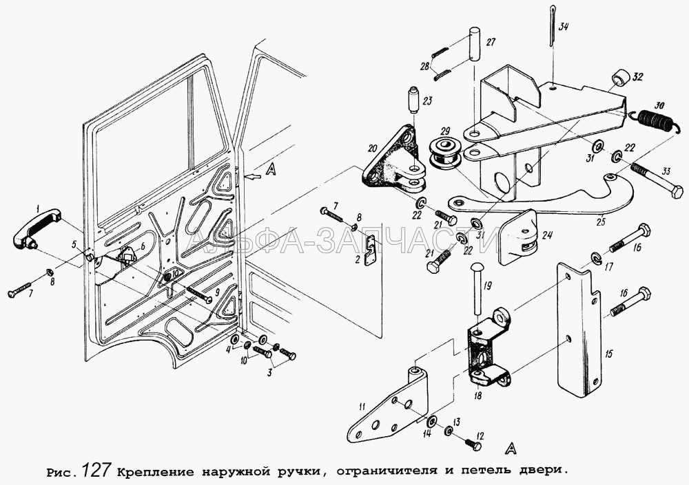 Крепление наружной ручки, ограничителя и петель двери (5320-6105081 Привод замка левый) 