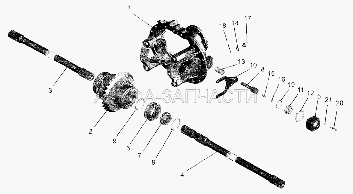 Редуктор среднего моста. Межколесная блокировка дифференциала (54326-2409032-10 Вилка) 
