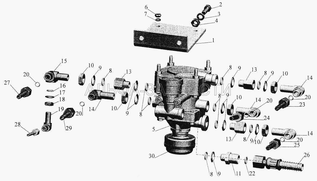 Установка клапана управления тормозами прицепа и присоединительной арматуры (6422-3506085-01 Шланг) 