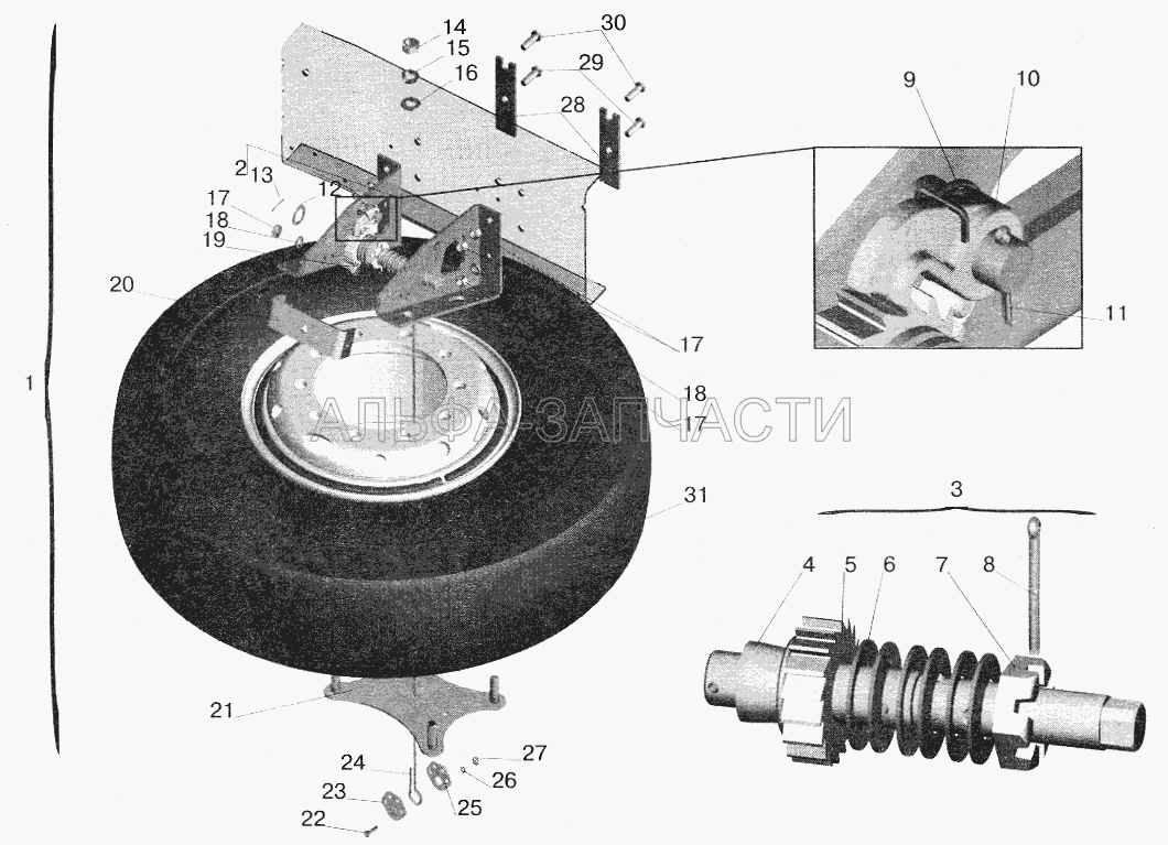 Установка запасного колеса МАЗ-555102 (63035-3100001-10) (886Б-3105150 Щека) 