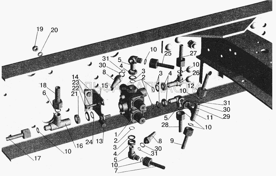Крепление четырехконтурного клапана (рессорная подвеска, без ограничения скорости) МАЗ-543208, 543205 (402947 Угольник) 