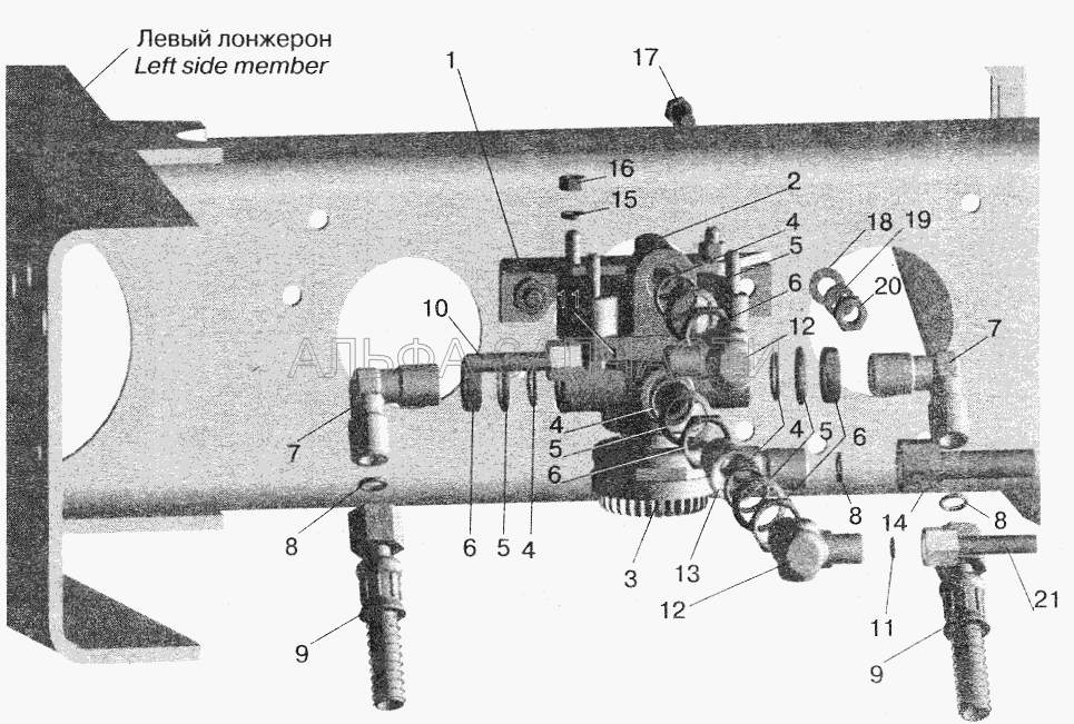 Установка ускорительного клапана и присоединительной арматуры МАЗ-543208, 543205, 543203, 543202  