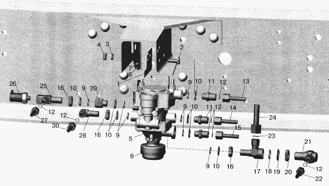 Установка клапана прицепа и присоединительной арматуры МАЗ-642208, 642205, 543208, 543205 (402947 Угольник) 