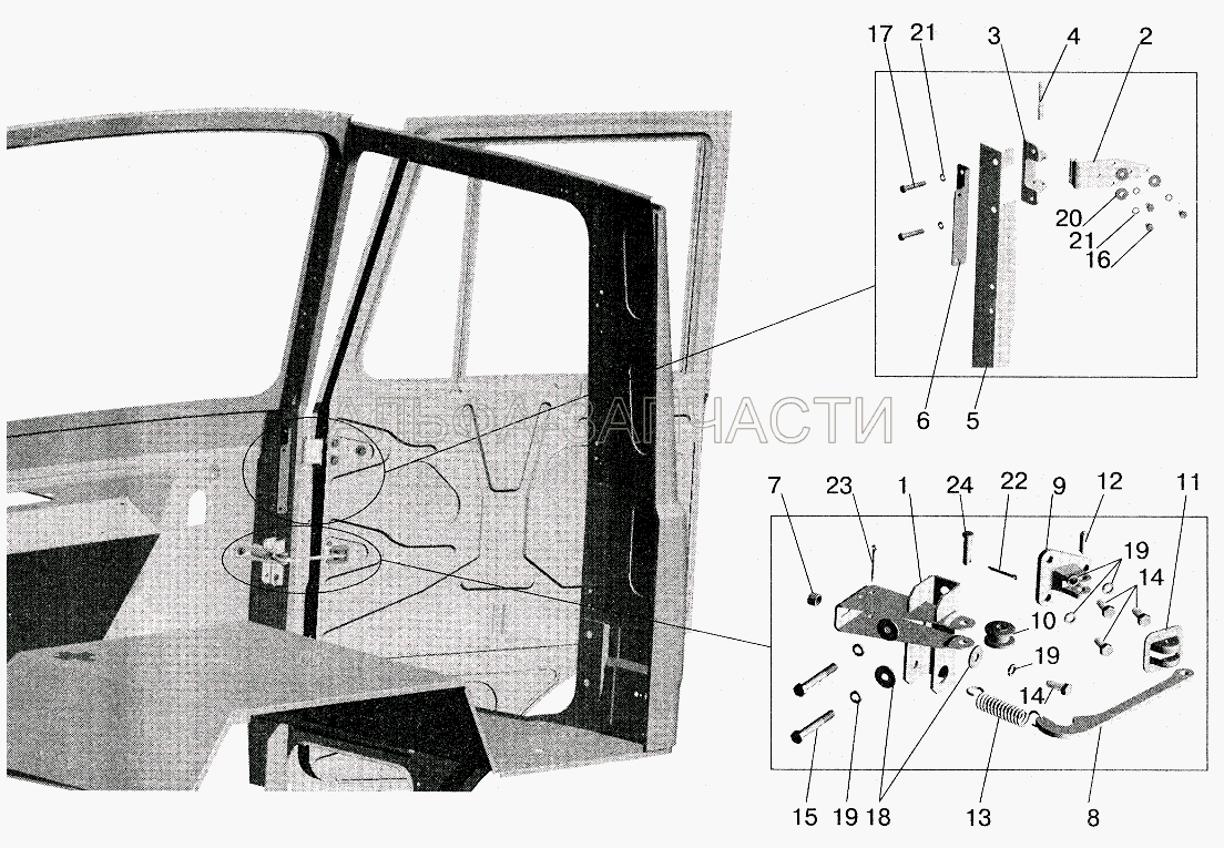 Установка ограничителя и петель двери (5336-6106016-21 Петля двери) 