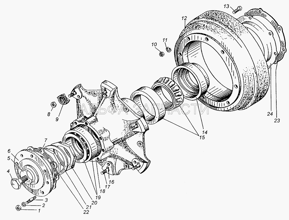 Ступица и тормозной барабан переднего колеса МАЗ-509А (200-3104081-А Контргайка подшипников) 
