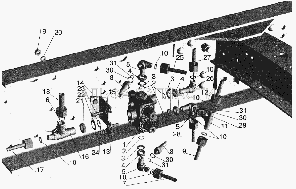 Крепление четырехконтурного клапана (рессорная подвеска, без ограничения скорости) МАЗ-543208, 543205  