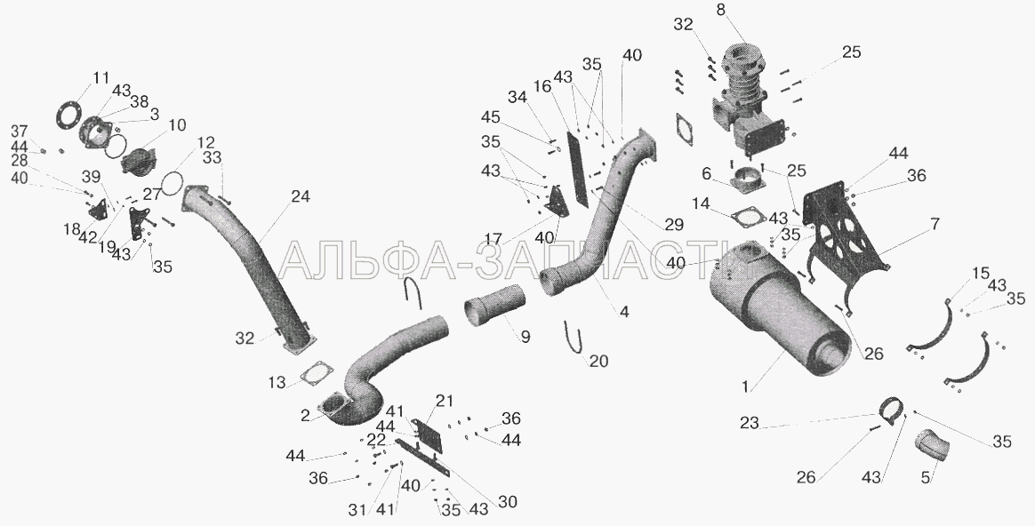 Установка системы выпуска отработавших газов МАЗ-551605 с КПП МАЗ-543205 и обогревом кузова (64255-1203032 Труба приемная) 