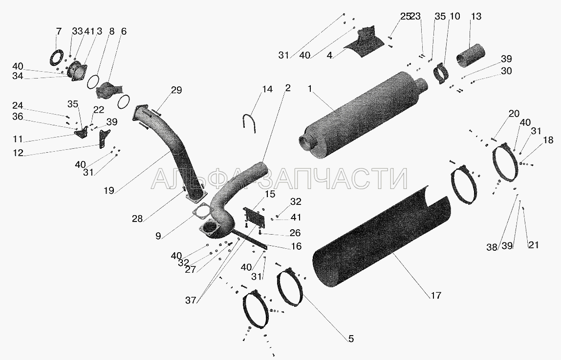 Установка системы выпуска отработавших газов МАЗ-551605 с КПП МАЗ-543205 без обогрева кузова  