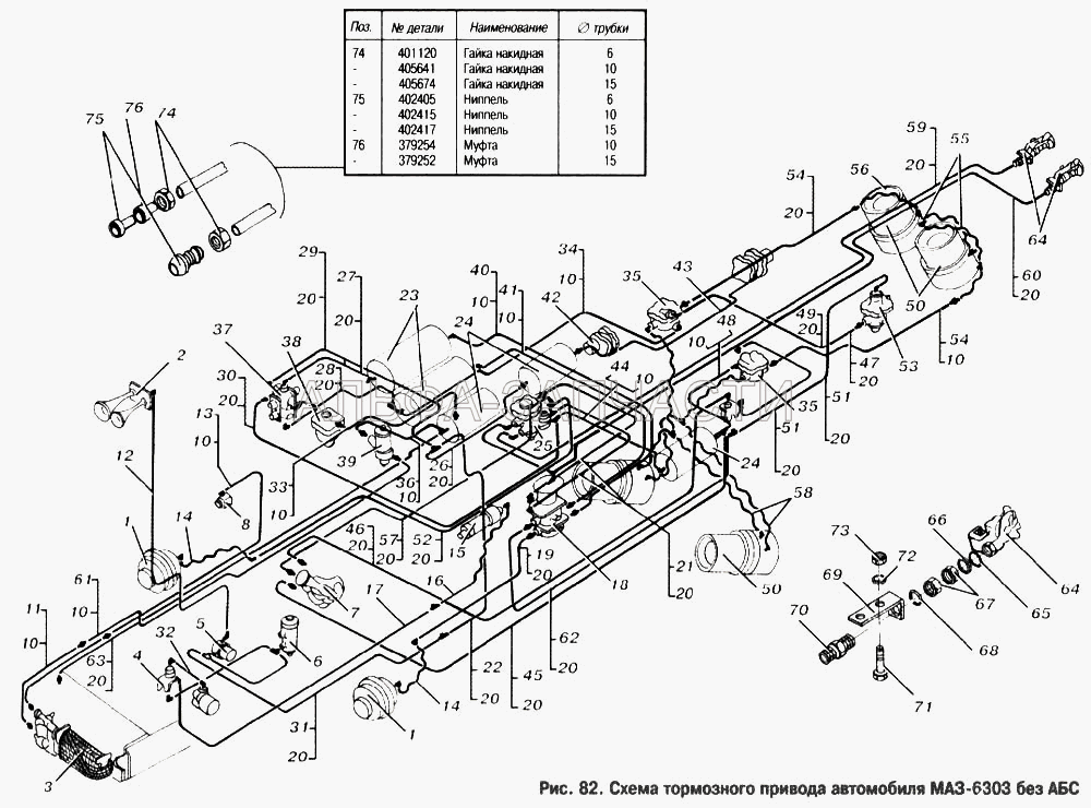 Схема тормозного привода автомобиля МАЗ-6303 без АБС (6422-3506085-01 Шланг) 