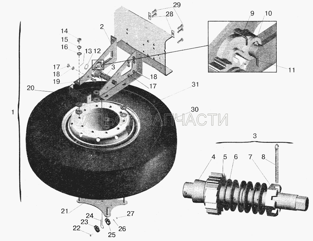 Установка запасного колеса МАЗ-543208, 543205, 543203, 543202, 555102 (886Б-3105294 Пружина) 