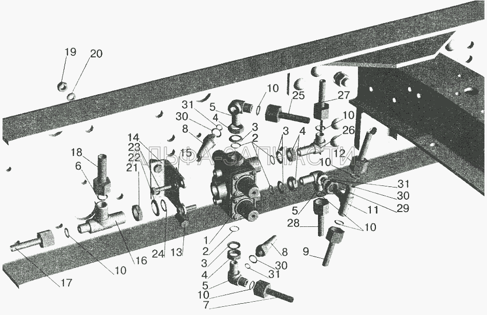 Крепление четырехконтурного клапана (рессорная подвеска, без ограничения скорости) МАЗ-543208, 543205 (250512 Гайка М10х1-6Н) 
