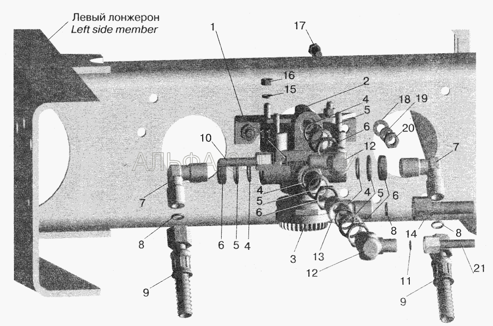 Установка ускорительного клапана и присоединительной арматуры МАЗ-543208, 543205, 543203, 543202  