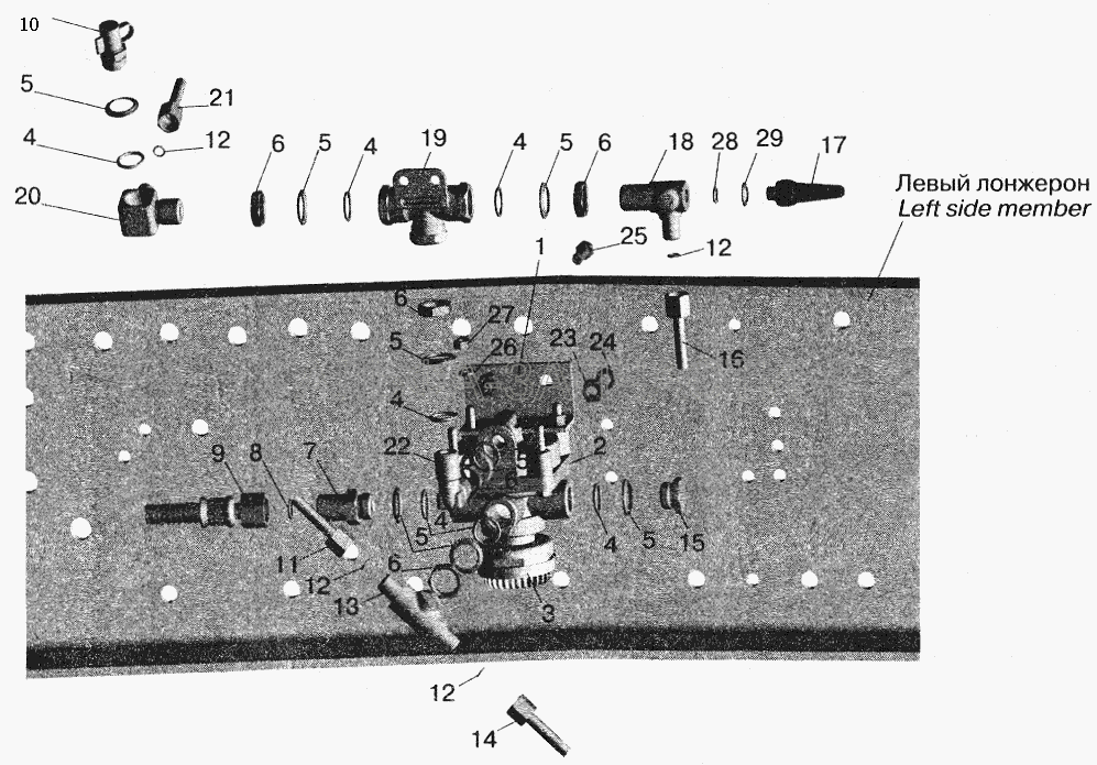 Установка ускорительного клапана и присоединительной арматуры МАЗ-555102 (64221-3518010-10 Клапан ускорительный) 