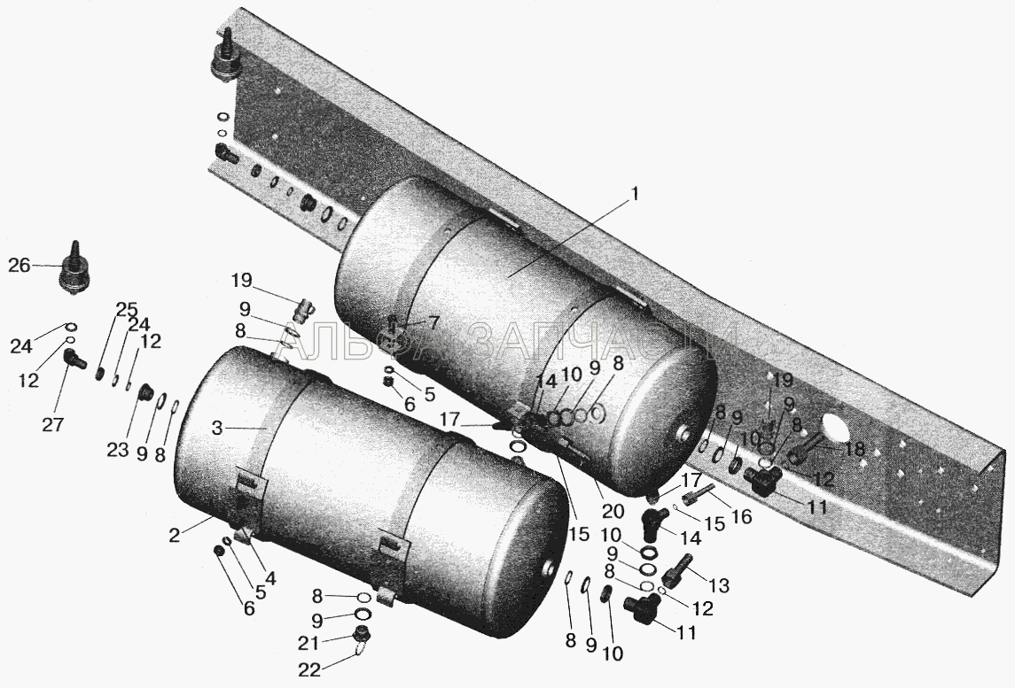 Установка ресиверов и присоединительной арматуры МАЗ-555102 (100-3515110 Клапан защитный двойной в сборе) 