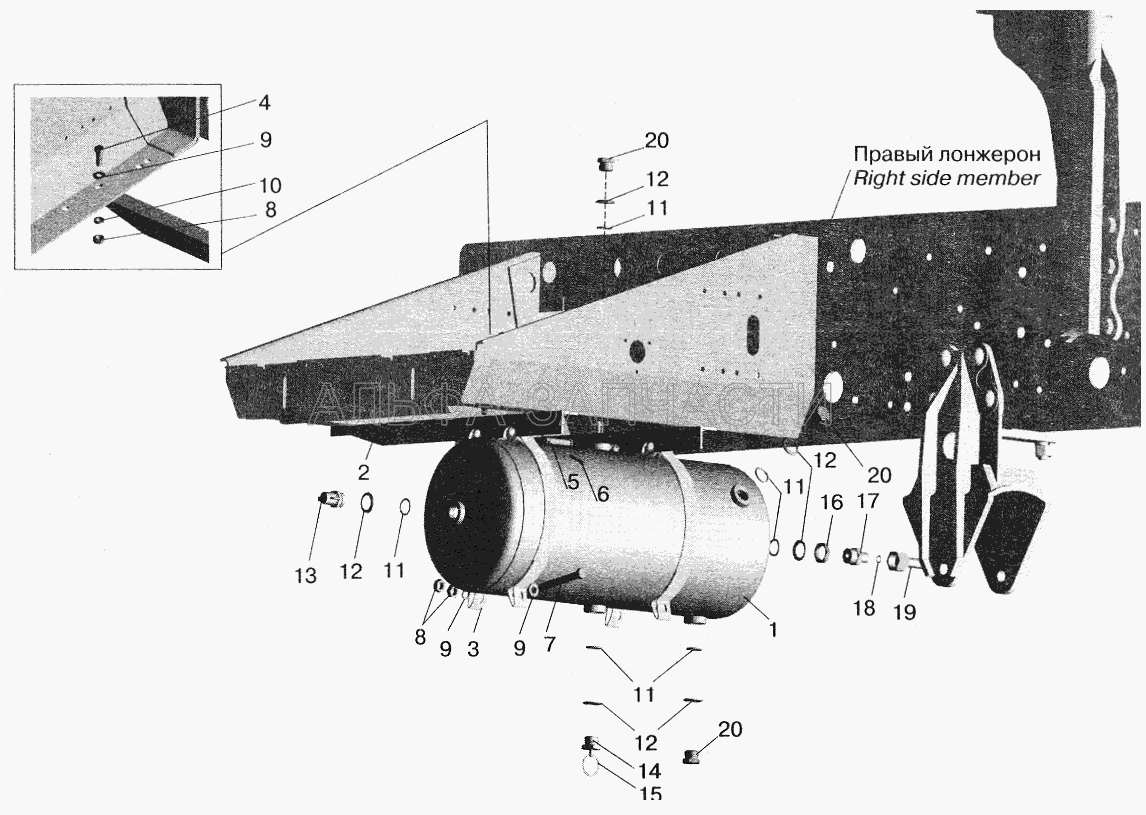 Установка ресивера и присоединительной арматуры на МАЗ-543208, 543205, 543203, 543202 (5336-3513015 Ресивер) 