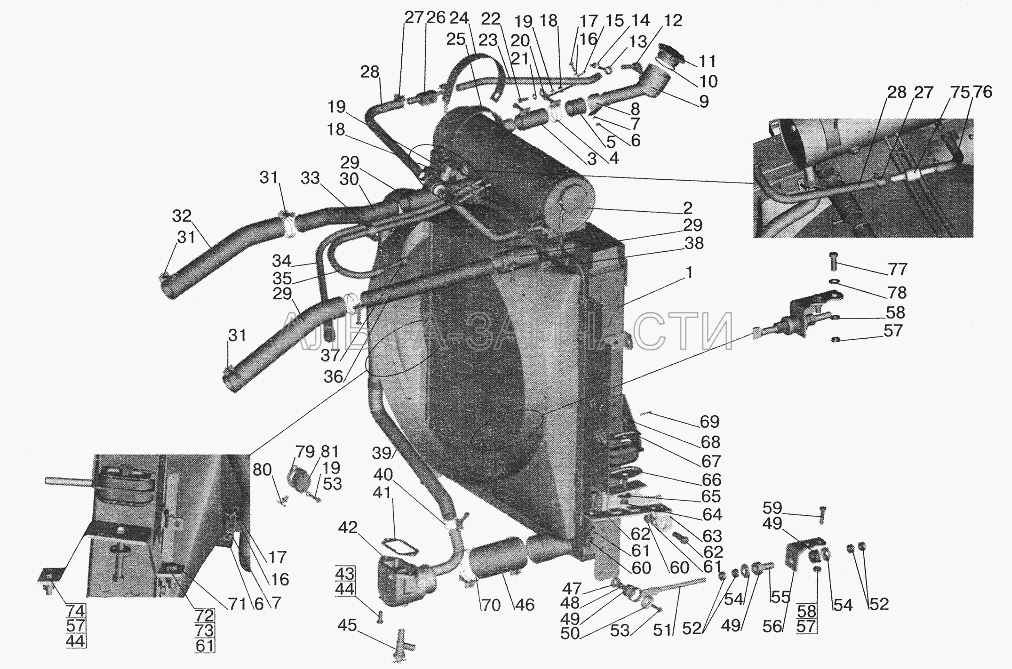 Установка системы охлаждения МАЗ-642205, 543205, 543203, 543202, 555102, 551605, 151603 (642290-1303040 Патрубок промежуточный) 