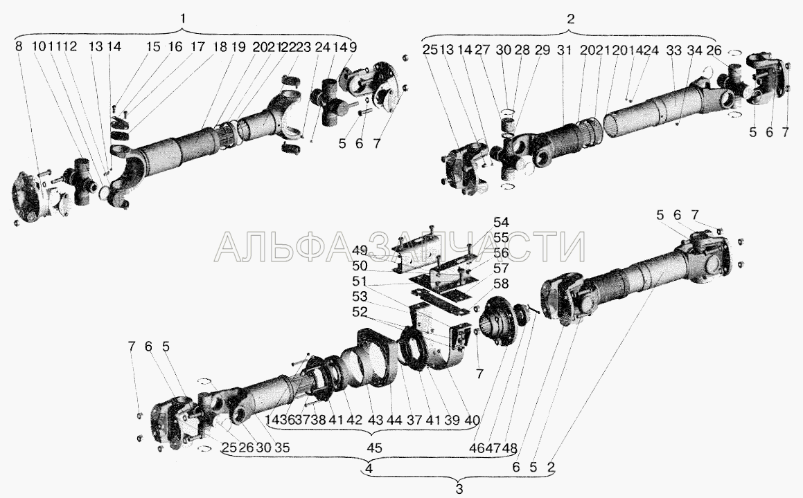 Установка карданных валов (54328-2201010-10 Карданный вал в сборе привода среднего моста) 