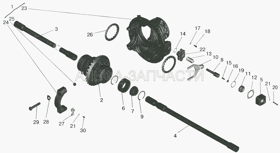 Редуктор среднего моста. Дифференциал с картером редуктора (54326-2409032-10 Вилка) 