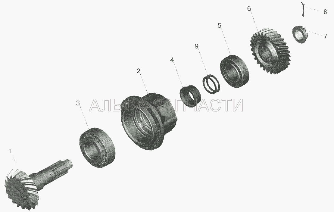 Редуктор среднего моста. Шестерня ведущая (6-27613А1 Подшипник роликовый конический редуктора среднего моста) 