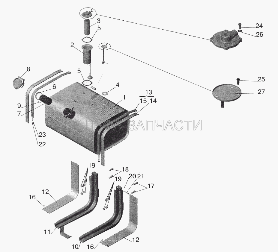 Крепление топливного бака МАЗ-543203, 543202, 551605, 551603, 555102 (5335-1101010-01 Бак топливный с фильтром) 