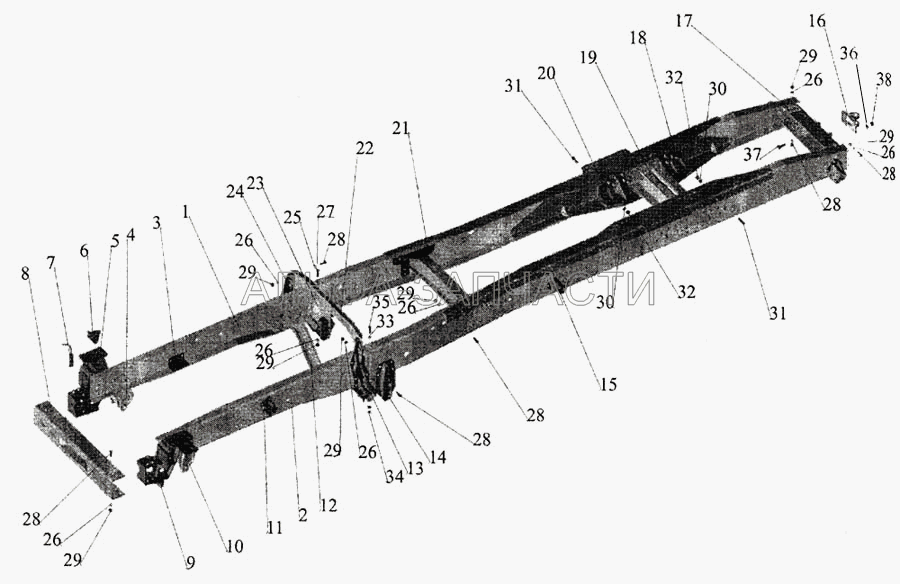 Рама 6430-2801002-рессорная подвеска для МАЗ-643068, 643008 (6430-2801089 Кронштейн) 