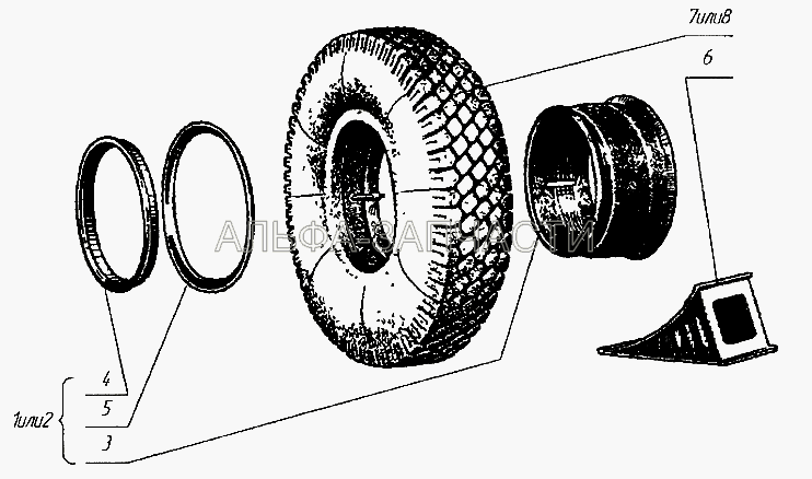 Колесо с шиной 5320-3100001 (для модификаций с двускатной ошиновкой) (5320-3101026 Кольцо замочное) 