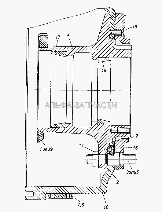 Ступица с тормозным барабаном и кольцом проставочным в сборе 9334-08-3103009 (для модификаций с односкатной ошиновкой) (4310-3103070-10 Шпилька взамен) 