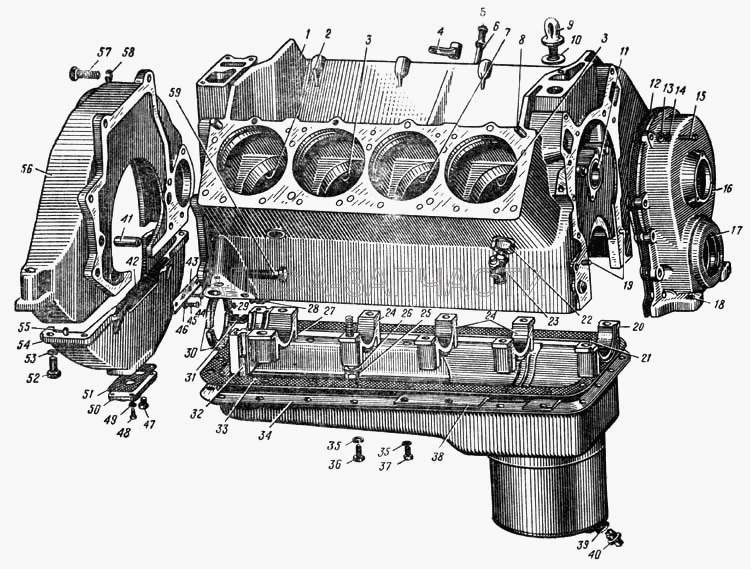 Блок цилиндров, масляный картер, крышки подшипников коленчатого вала, втулки распределительного вала, картер маховика (Рис.8) (375-1002310 Картер маховика в сборе) 