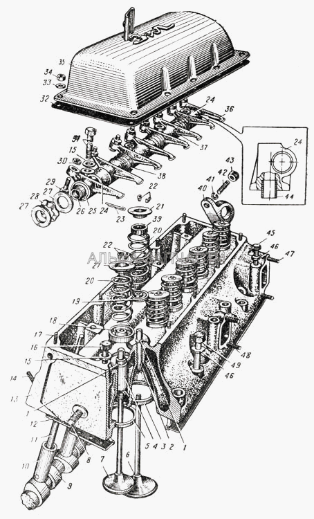 Головка блока цилиндров, клапаны и толкатели (Рис.9) (130-1007098 Коромысло клапанов с осью и стойками в сборе) 