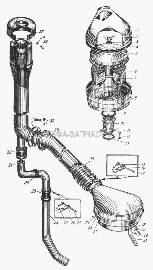 Воздушный фильтр автомобиля Урал-375Д (Рис. 27)  